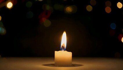A luminous single candle flame glows steadily in a dark, warm setting with soft, multicolored bokeh lights gently shimmering in the background
