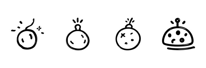 Obraz premium Bomb And Explosive Devices Line Icon Set In Doodle Style. Detonation, Danger, And Hazard Symbols Outline Sketch Collection. Hand Drawn Isolated Vector Illustration