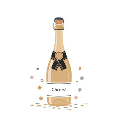 Flat Design Champagne Bottle Illustration with Confetti and Cheers Label for New Year Celebration
