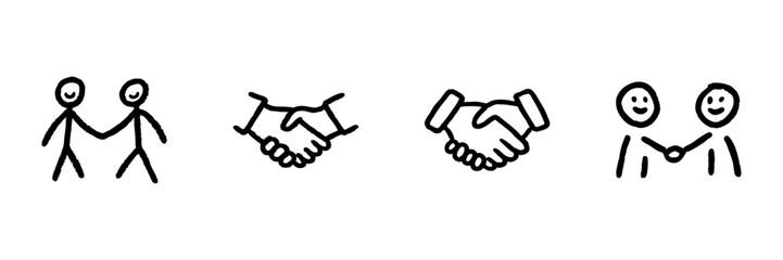 Obraz premium Stick Figure And Handshake Line Icon Set In Doodle Style. Collaboration, Partnership, And Agreement Symbols Outline Sketch Collection. Business And Teamwork. Hand Drawn Isolated Vector Illustration