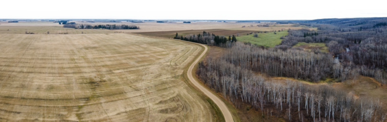 Airborne looking down on a twisting farm road through autumn colored fields and trees with a transparent sky