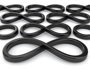 Glossy black infinity symbols arrayed on a white background, symbolizing endlessness and repetition in a simple pattern
