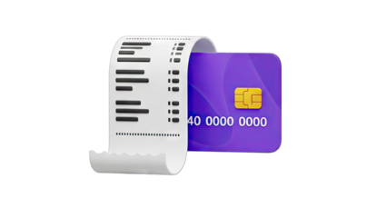 Credit Card Transaction Receipt Digital Payment Concept Realistic Illustration With Purple Credit Card and White Paper Receipt on Transparent Background