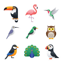 Fototapeta premium A collection of vibrant bird species, rendered as clean and minimal modern 2D flat vector illustrations, displayed individually on a crisp white background.