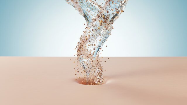 A spinning water flows into one pore carrying tiny particles that show deep cleansing power, acne on skin, whiteheads, blackheads, papules