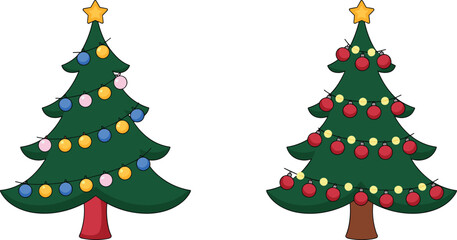 Cute Christmas tree illustrations decorated with colorful ornaments, festive lights, and star toppers, perfect for holiday cards, winter decoration, seasonal artwork and Christmas design