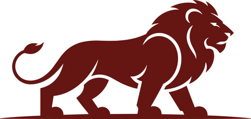 Flat vector illustration of walking lion silhouette, bold red design, majestic animal icon, powerful symbol, minimalist logo, wild beast graphic © MD