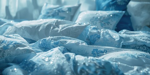 Closeup of a bed with a patterned blanket duvet and pillows, bedroom setup or interior styling, World Sleep Day