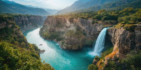 Bird's-eye perspective of a vibrant turquoise waterfall flowing through rugged canyon terrain, highlighting geological features, Earth Day