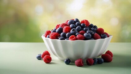 Image of ripe blueberries and raspberries arranged on a white porcelain dish, suitable for food presentation safety considerations