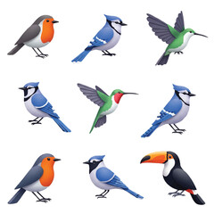 Colorful bird icons presented as simple, smooth 2D flat vector illustrations, depicting various flying creatures in a contemporary graphic style, isolated cleanly on a pure white background.