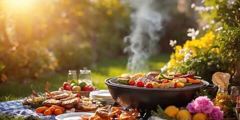 Grill and Barbecue party at home, focusing on cooking pork, beef, chicken, seafood, and vegetables for outdoor family gatherings
