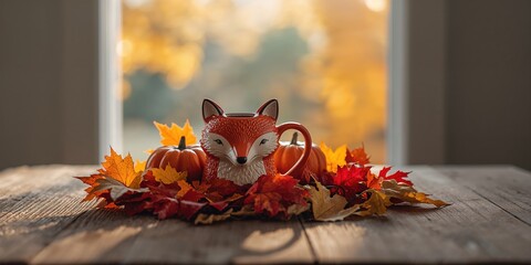 Naklejka premium Fox-shaped mug surrounded by autumn leaves and pumpkins on a wooden table creating a cozy fall scene, seasonal decor