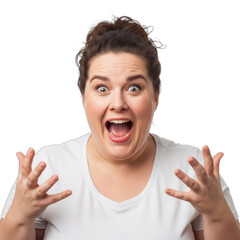 Excited Woman Expressing Surprise with Open Mouth and Hands Raised in Joyful Reaction Isolated on White Background