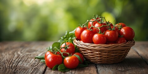 Basket of ripe red tomatoes used as a fresh produce display, healthy eating for Earth Day