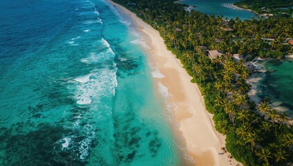 Fototapeta premium Coastal scenery from above featuring a tropical beach and lush landscape, popular with travelers, World Tourism Day