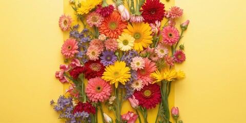 Flat lay of vibrant flowers arranged on a bright paper background, suitable for text overlay or layout design