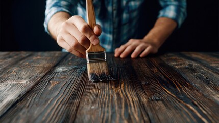 A craftsman using a brush to spread gel wood stain evenly on a wooden tabletop showcasing controlled coverage and vibrant hues.