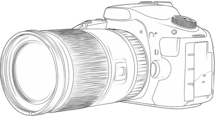 Detailed line art of a professional camera with a large lens, isolated on white
