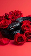 Glossy black snake coiled amongst vibrant red roses, atop a matching red backdrop, creating striking contrast