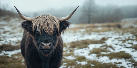 Obraz premium Highland cattle in monochrome highlighting coarse fur and strong features, ideal for layout backgrounds