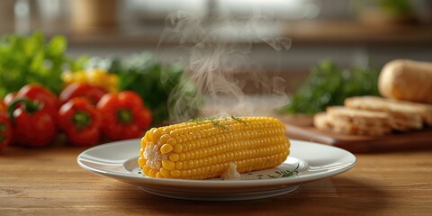Close-up of a cooked corn on the cob emphasizing carbohydrate and sugar levels, food health focus