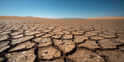 Dry cracked soil during summer drought, erosion risk and landscape preservation