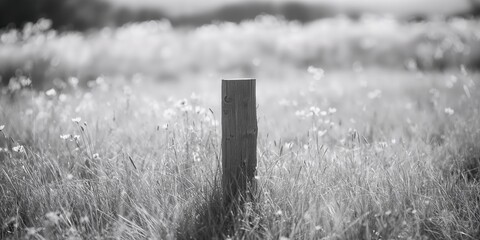 A wooden post in a sunny meadow, serving as a natural background for outdoor layout designs