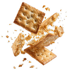 Square crackers exploding into pieces against a black background