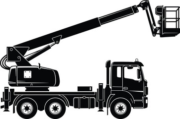 Flat vector illustration of truck-mounted aerial work platform silhouette, boom lift, utility bucket, construction equipment, black graphic, industrial machinery © MD