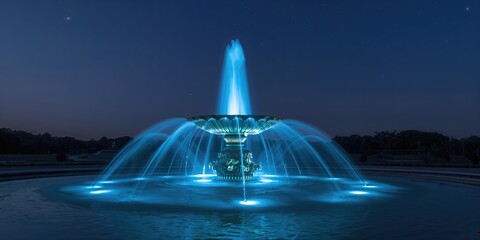 Night light fountain with illuminated water jets used as a decorative public feature, urban lighting design