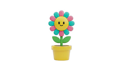 Cute 3D cartoon flower with a smiling face and pink and blue petals in a yellow pot on a transparent background bright and cheerful illustration