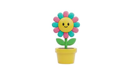 Cute 3D cartoon flower with a smiling face and pink and blue petals in a yellow pot on a transparent background bright and cheerful illustration