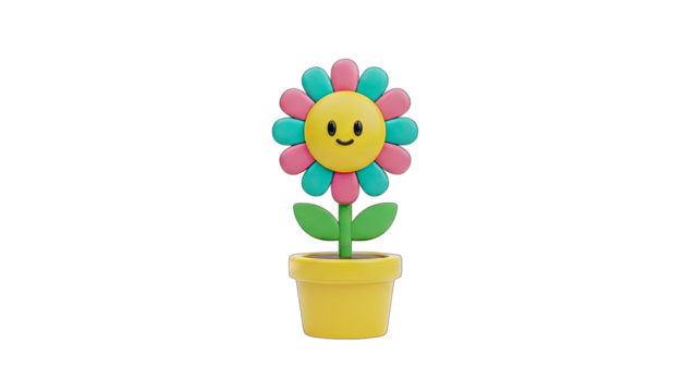 Cute 3D cartoon flower with a smiling face and pink and blue petals in a yellow pot on a transparent background bright and cheerful illustration - Powered by Adobe