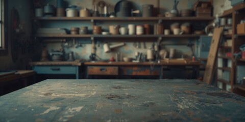 Empty metal surface in a craft workshop with blurred interior and workspace for assembling or organizing supplies, suitable for layout backgrounds