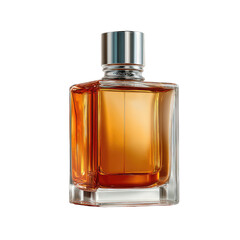 Elegant glass bottle with amber liquid, shiny silver cap, dark background