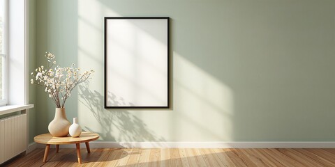 Fototapeta premium Interior design of living room with black photo frame for artwork display, minimalistic Scandinavian style