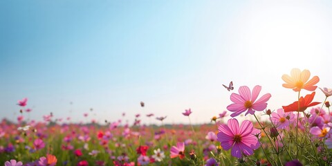 Obraz premium Nature background featuring cosmos flowers with a summer sky, floral beauty and landscape serenity
