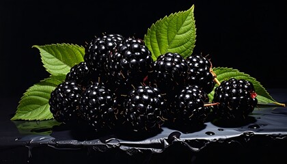 Glossy blackberries piled with bright green leaves reflecting on a dark, wet surface, creating stark contrasts