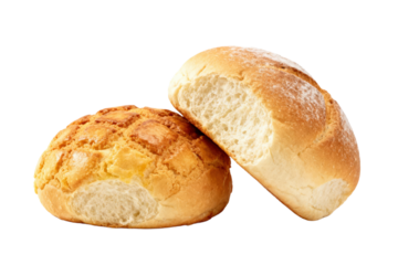 Two freshly baked bread rolls with different textures and appearances