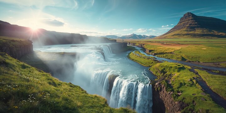 Colorful summer scene of cascading waterfalls in Iceland with vivid natural details, ideal for editorial headers