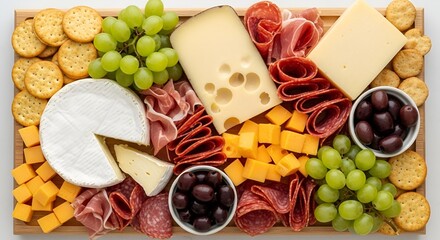 Delicious charcuterie board featuring gourmet cheeses, cured meats, fresh grapes, and crackers for upscale entertaining and joyful gatherings