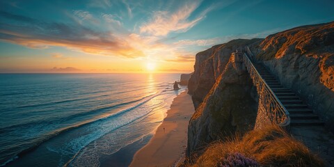 Cliffs with stairs in Landudno, England, UK, highlighting erosion risk and shoreline preservation © AkuAku