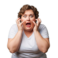 Frightened woman with curly hair expressing shock and fear with hands on face in bright studio setting