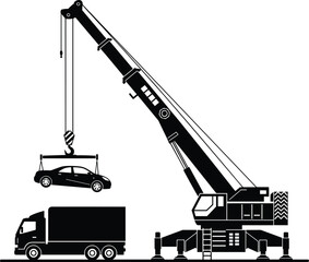 Flat vector illustration of mobile crane lifting car, vehicle recovery operation, construction equipment, heavy machinery, black and white silhouette © MD