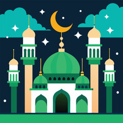 Illustrative depiction of a grand mosque with a prominent green dome and tall minarets under a starry night sky with clouds and a crescent moon symbolizing islamic celebration and tradition