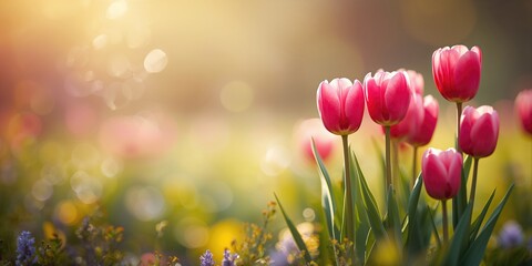 Bright pink tulips in a defocused spring floral setting, suitable for layout backgrounds © AkuAku