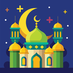 A vibrant and colorful islamic mosque with a large crescent moon and stars in the night sky representing a celebration of faith and culture