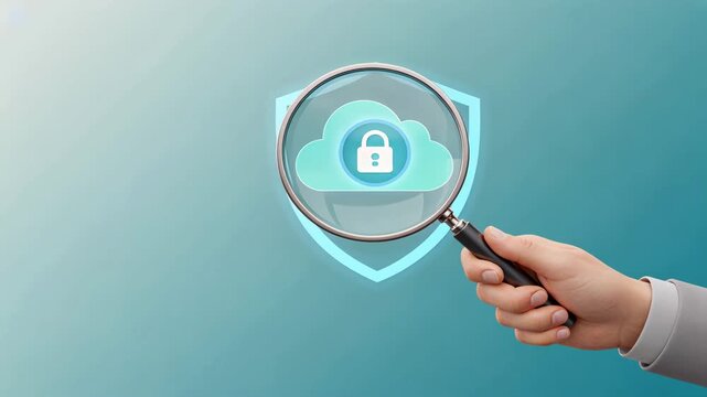 A hand holding a magnifying glass over a glowing cloud lock icon, small business cybersecurity concept, email security and protection concept