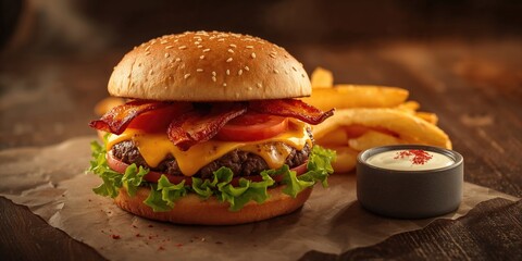 Bacon cheeseburger accompanied by fries and mayonnaise, typical fast food presentation